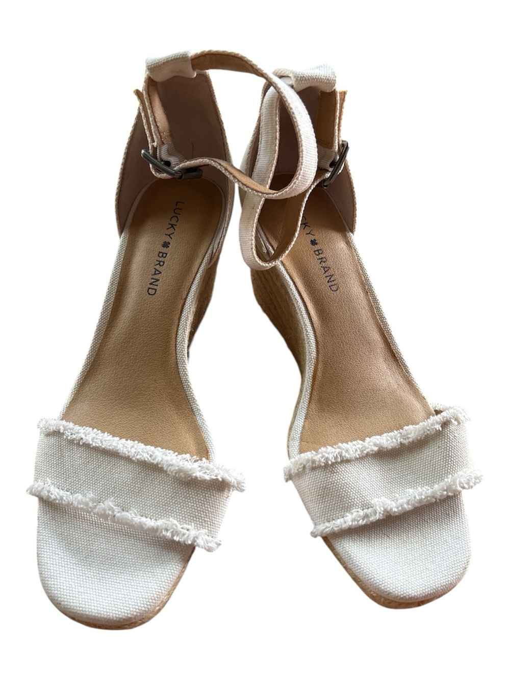 Lucky Brand Cream Canvas Frayed Double-Strap Wedge Sandals